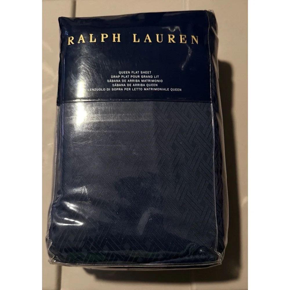 New Ralph Lauren BEDFORD Highland Jacquard Navy Blue Flat Sheet - Queen